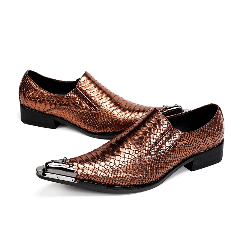 Christia Bella Italian Style Brown Snakeskin Pattern Men Dress Shoes Metal Pointed Toe Men Genuine Leather Shoes Party Men Shoes