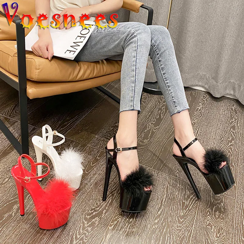 One Word Band Fur Women Sandals Girls Nightclub Party 18CM Super High Heel Summer Platform Stripper Shoes Wedding Bridal Shoes