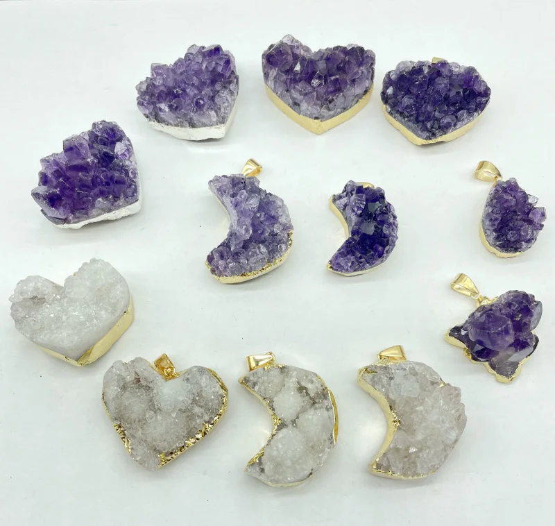 Wholesale Natural Gem Stone Quartz Crystal Amethyst Heart Moon Pendant Raw Slab Geode For DIY Jewelry Making Necklaces 4Pcs