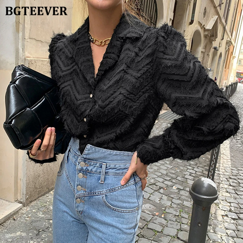 BGTEEVER elegante colletto con intaglio donna nappe camicie camicette 2021 primavera nuove camicie da lavoro femminili monopetto top Blusas