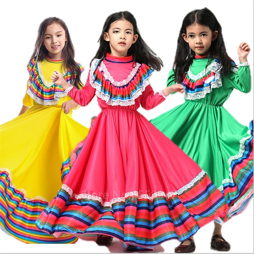 Dei Bambini del Vestito di Flamenco spagnolo Gypsy Costume di Ballo Per Bambini Sala Da Ballo di Danza Del Ventre 100-150CM Ragazza Eleganti scarpe Da Ballo Abiti Cosplay