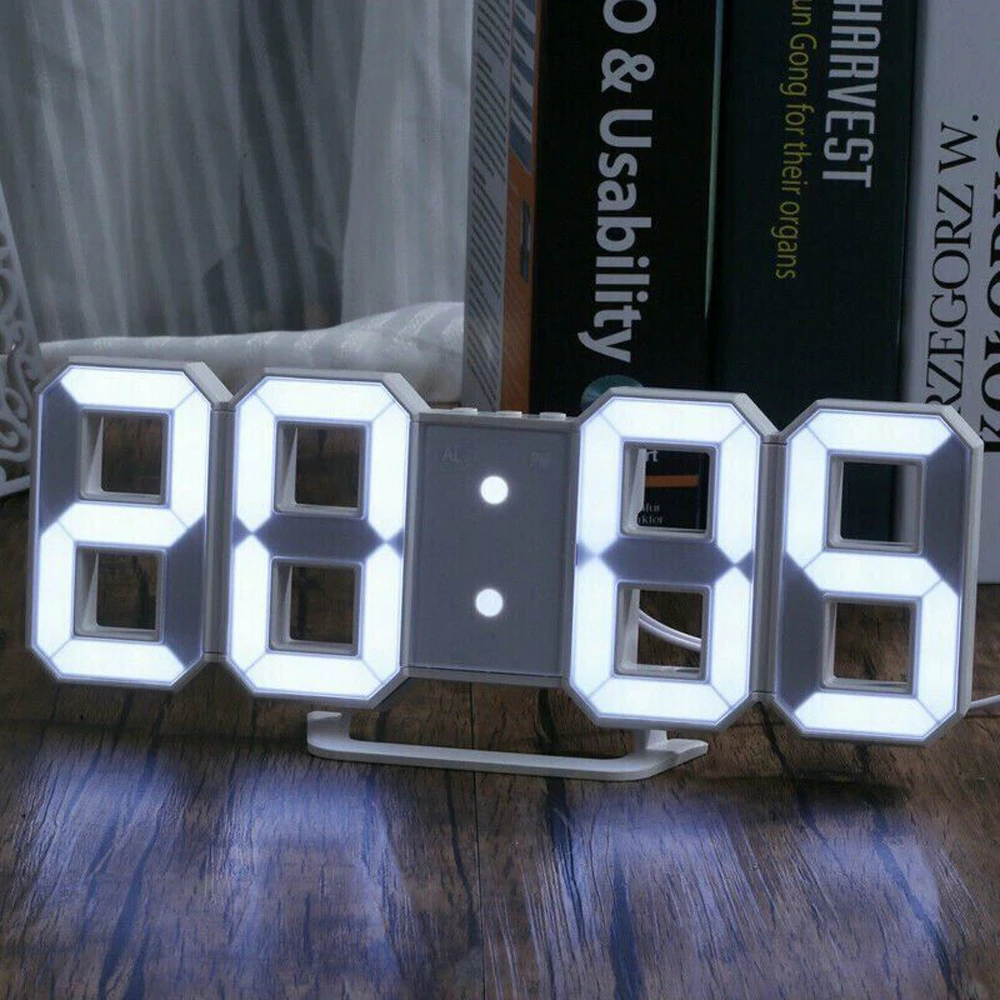 USB LED Digital Table Clock Large 3D Display Alarm 3D Wall Clock Brightness Dimmable Nightlight for Home Living Room Decoration