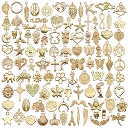 100pcs/set Pcs Kc Gold Color Alloy Charm Bracelet Pendant Earring Accessories Diy Jewelry Making Necklace Multi Shaped Mix