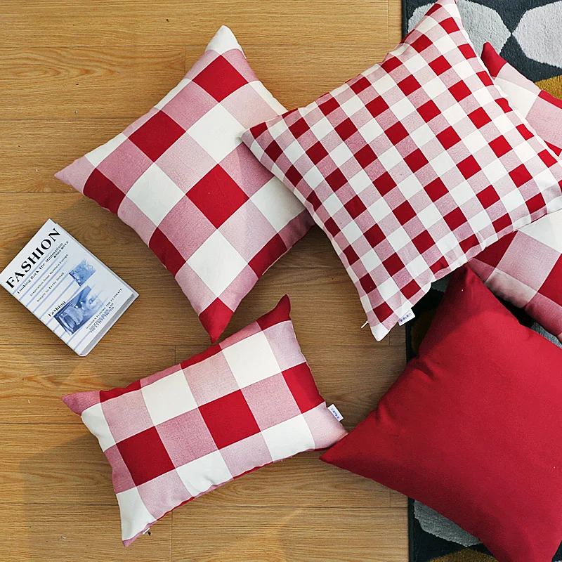 classical cotton linen gingham cushion cover sofa burgundy plaid pattern pillowcase sofa red wine pillow cover