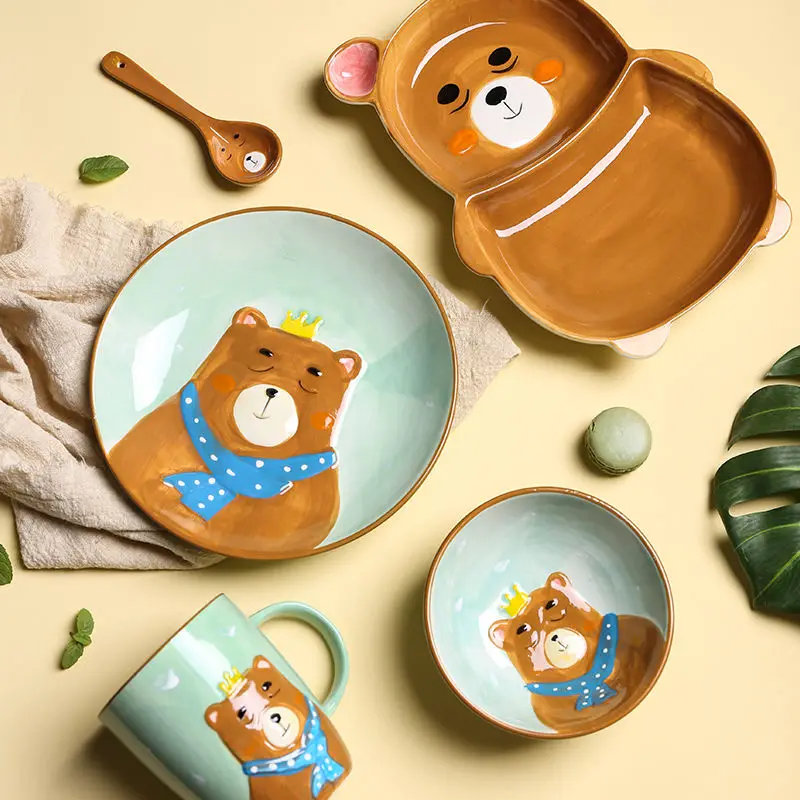 Cute Animal Shape Children's Ceramic Tableware Set Baby Eating Bowl, Divided Grid Plates 5-piece Breakfast Plate Set Underglaze