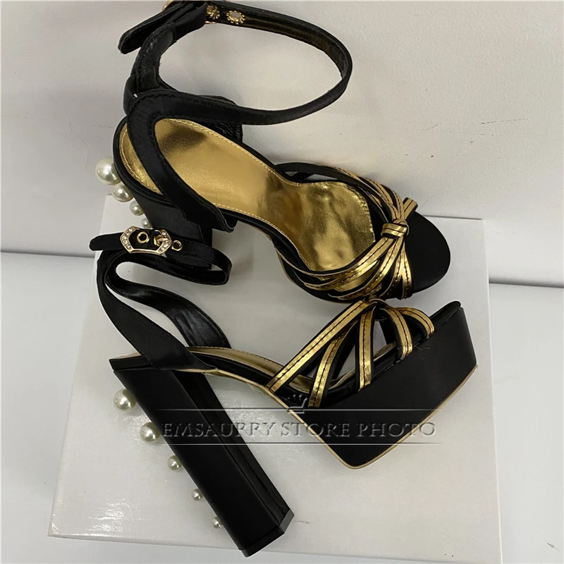 Sexy Narrow Band Bowknot Platform Sandals Women Chunky Heel With Pearl Decor Ankle Strappy Suede Leather Summer Sandalias