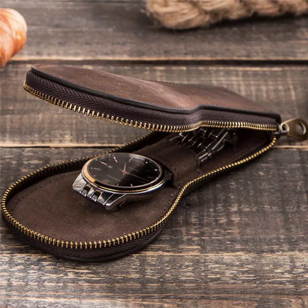 

For Wristwatch Organizer Smooth Zipper Watch Protective Carrying Case Travel Handmade Box Vintage Leather Watch Storage Case