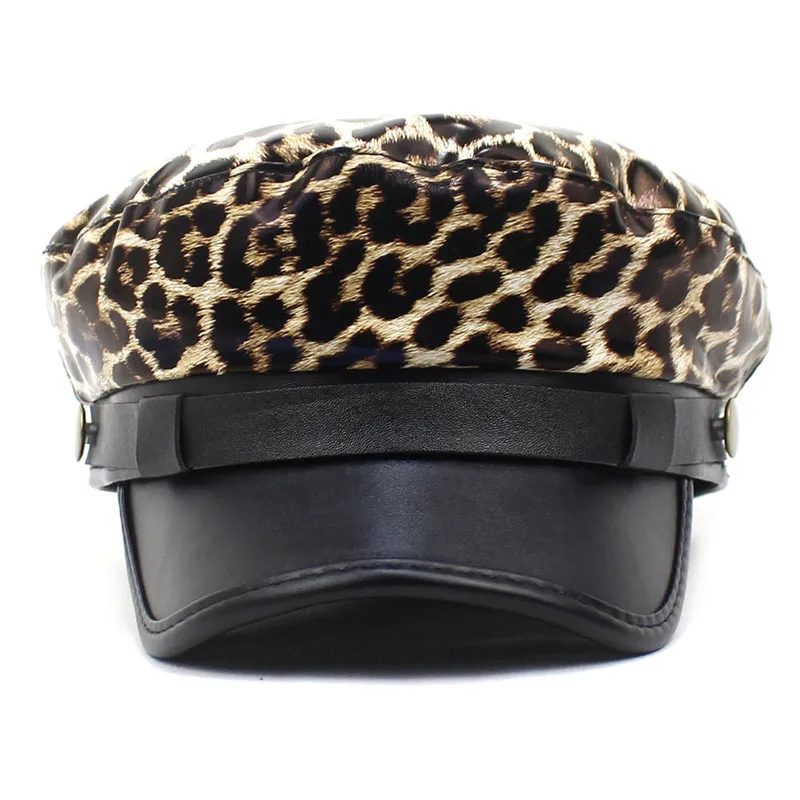 Mulheres Pu Leopard Grain Duck Tongue Beret Simples Casual Octogonal Cap Outono e Inverno Joker Painter Hat 57