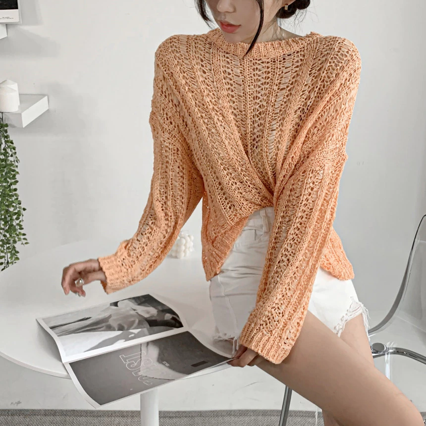 2023 New Spring Summer Thin Knitted Pullovers Tops Fashion Women Blue O Neck Hollow Out Female Lazy Chic Loose Sweaters Knitwear