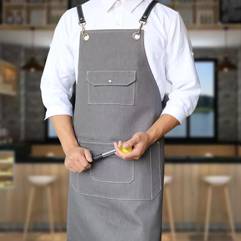 

Gray Denim Apron Leather Strap Barber Florist Carpenter Gardener Painter Workwear BBQ Chef Barista Baker Bartender Uniform K59