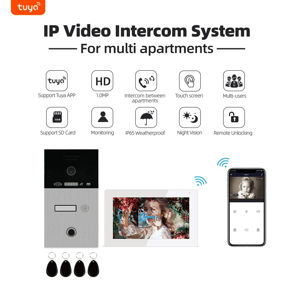 Jeatone Tuya 7 Inch Video Door Phone Intercom Doorbell Wireless WiFi Smart Home Eye Door Camera Kit Remote Access Control System