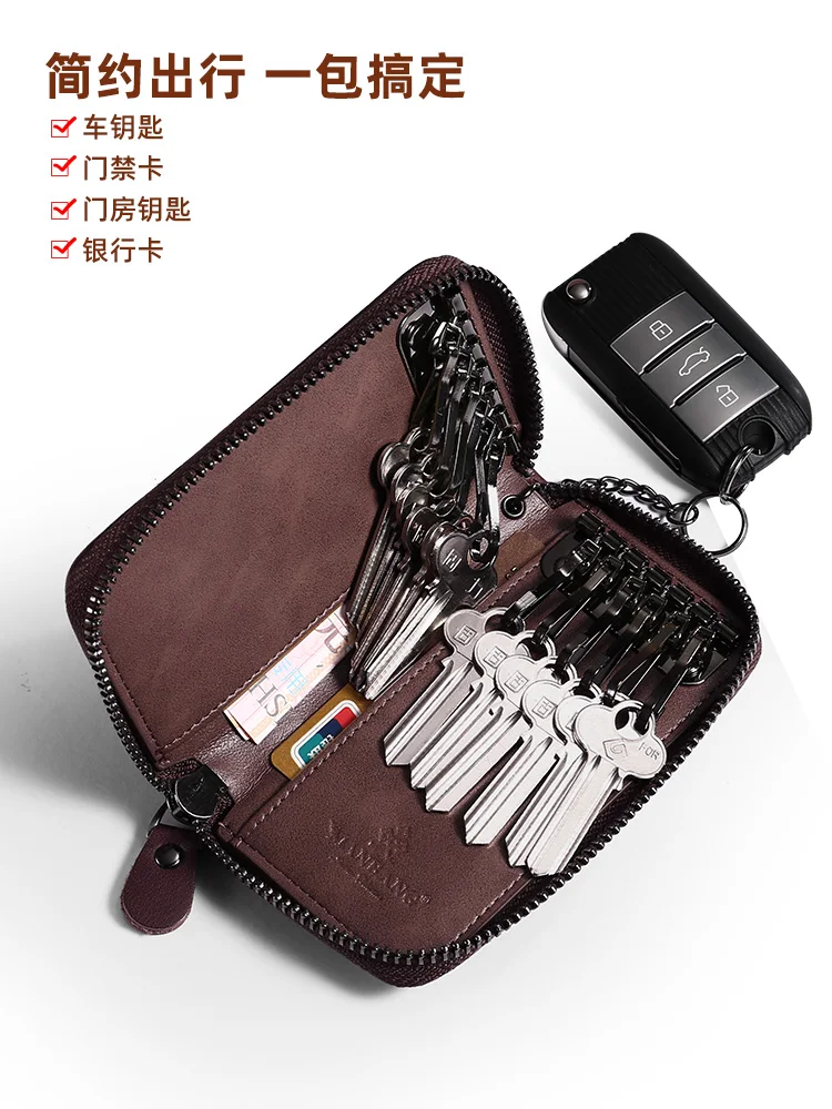 ManBang Vintage Genuine Leather Key Wallet Women Keychain Covers Zipper Key Case Bag Men Key Holder Housekeeper Keys Organizer