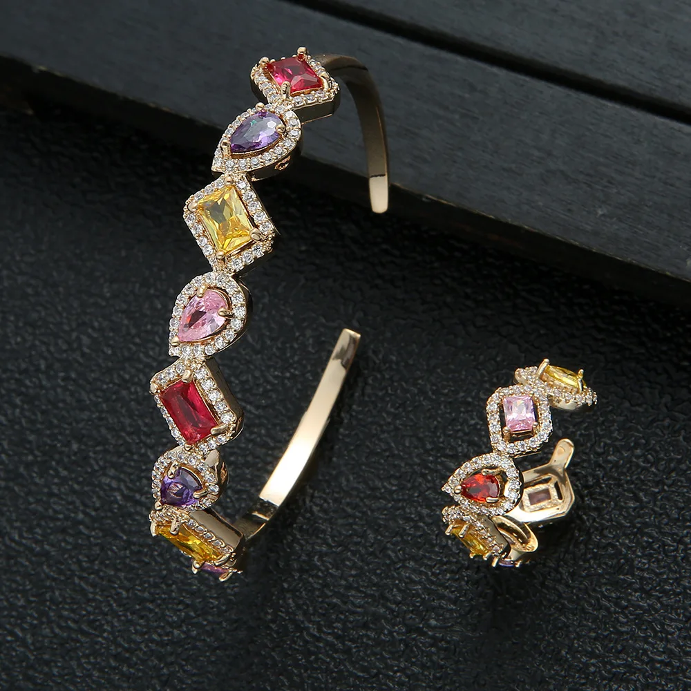 HIBRIDE الفاخرة 2 قطعة سوار وخاتم مجموعة تصميم هندسي مايكرو تمهيد مكعب زركونيا مجموعات مجوهرات للنساء الزفاف الزفاف N-56 #3