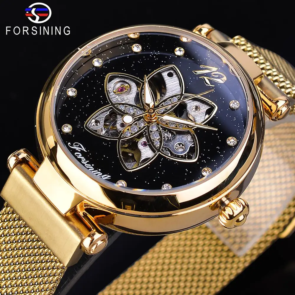 Relojes Forsining mecánicos automáticos para mujer, relojes de marca superior de lujo con diamantes, esfera creativa, malla dorada, relojes