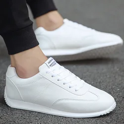 Sapatilhas masculinas em couro branco vulcanizado, confortável, casual, escola, tênis, primavera, moda, 2023