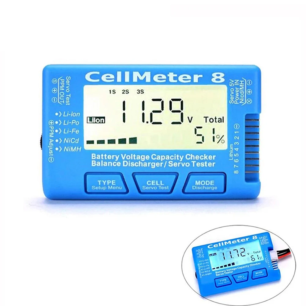 

Цифровой ЖК-дисплей для проверки емкости аккумулятора CellMeter RC CellMeter8 2-8S 4-8S Сервопривод LiPo Li-lon NiMH Тестер аккумуляторов RC CellMeter7