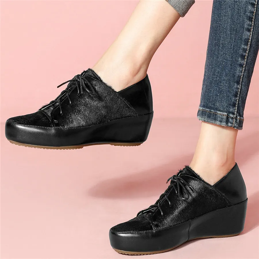 Casual Shoes Women Lace Up Genuine Leather Wedges High Heel Pumps Shoes Female Horsehair Low Top Round Toe Platform Ankle Boots