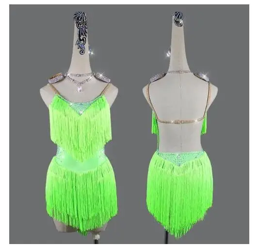 Latin Dance Dress Women Summer Green Sexy Backless Tassel Rumba Samba Latin Dance Skirt Competition Costume