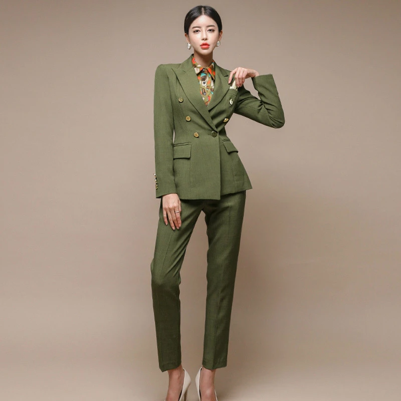 

Winter Autumn 2019 New Work Office Two Piece Set Double Button Green Blazer and Pants Sheath Modis Streetwear Fall 2 Piece Set