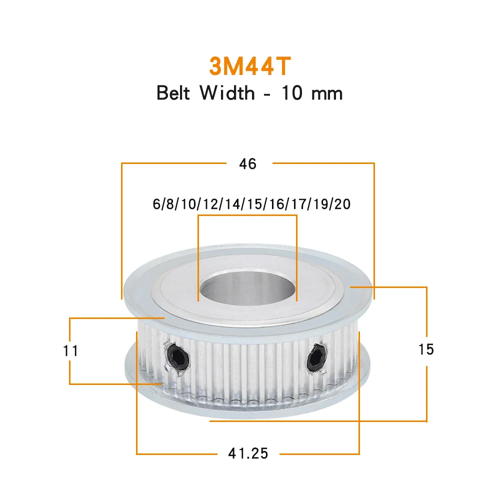 3M-44T Timing Belt Pulley Bore 6/8/10/12/14/15/16/17/19mm Alloy Wheels Teeth Diameter 39.35mm For Width 10/15mm 3M Timing Belt