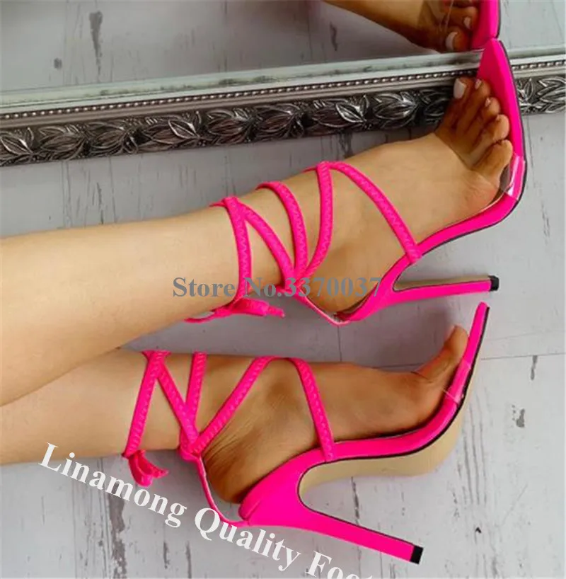 

Linamong Sexy Pointed Open Toe PVC Straps Cross Stiletto Heel Gladaitor Sandals Rose Red High Heel Sandals Club Shoes