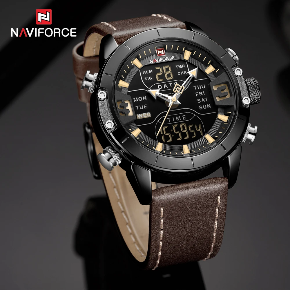 NAVIFORCE Top Brand Luxury Watch Men Military Business Genuine Leather Dual Display Wristwatch LED Date Alarm Men\'s Clock