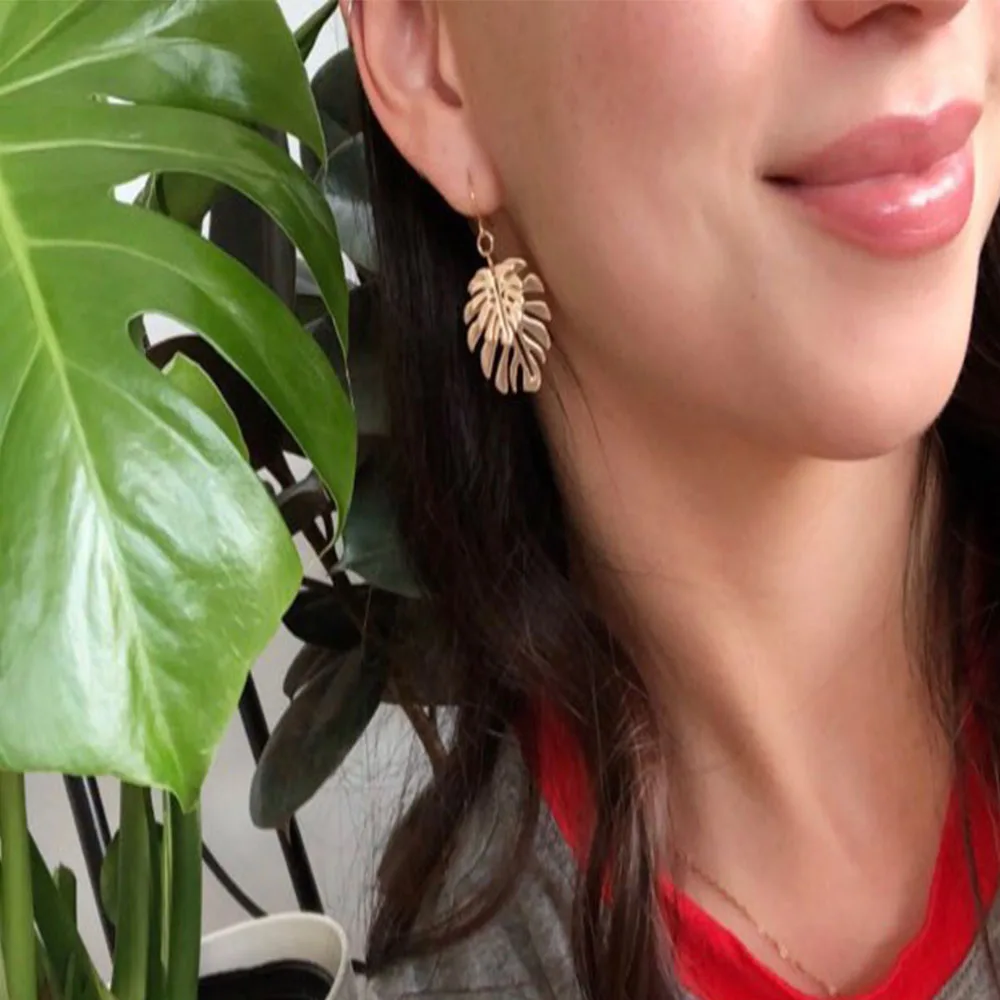 New Trend Gold Color Plating Monstera Leaf Overlap Drop Earrings For Women Girl Elegant Naturalism Casual  Jewelry Hot Summer