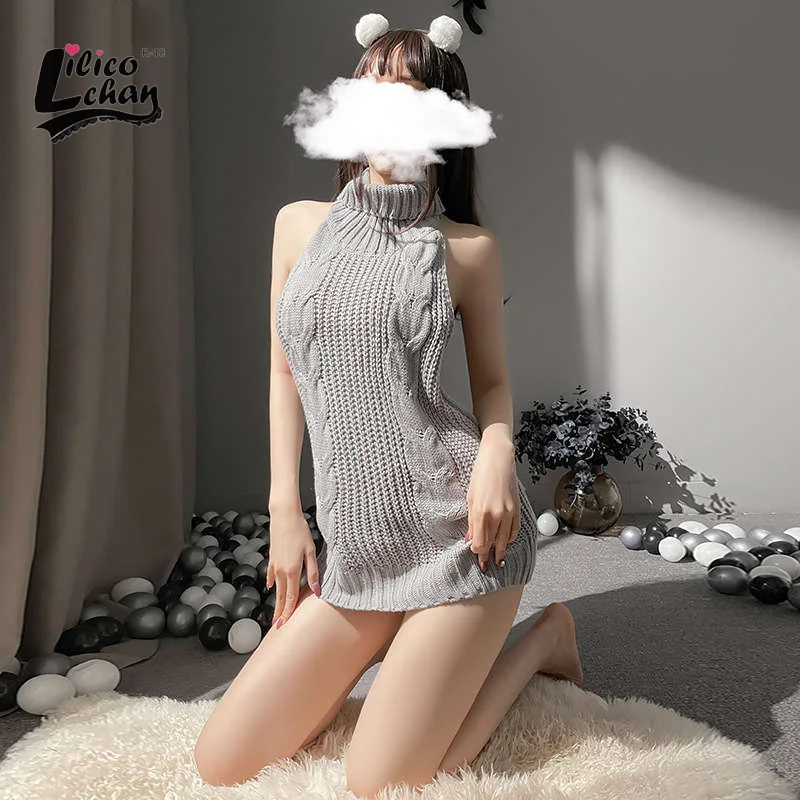 Cute Knitted Women Sexy Sweater Dress Japanese Backless Long Virgin Killer Turtleneck Sleeveless Gray Pullover Anime Style New