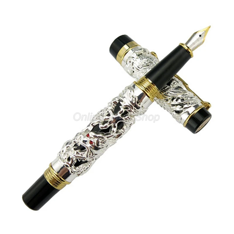 Jinhao Ancient Dragon Phoenix Fountain Pen, Metal Carving Embossing Heavy Pen, Golden & Silver For Professional Gift Pen