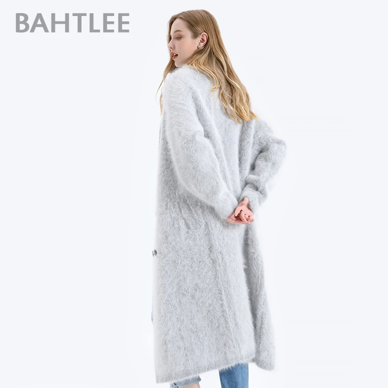 BAHTLEE-Women\'s Angora Double Breasted Long Coat, Wool Knitted Cardigans, Jumper, Turn Down Collar, Lantern Sleeves, Winter