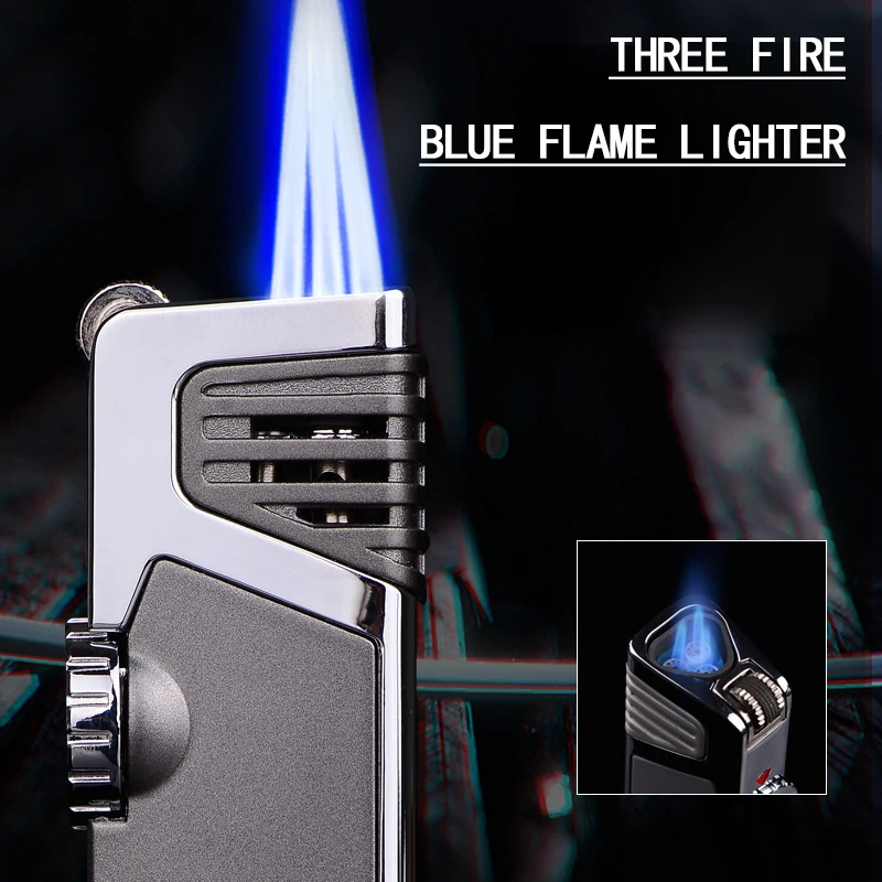 JOBON-Cigar Triple Torch Lighter, Windproof Inflatable Three Blue Flame Creative Lock Fire, Personality