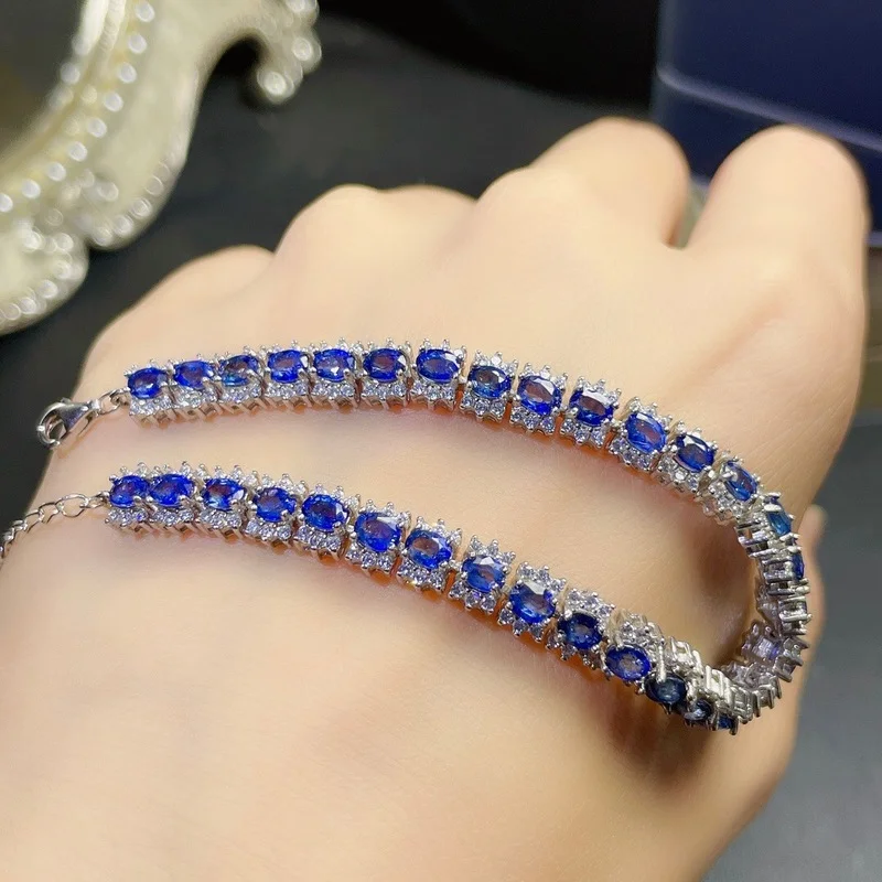 Natural Sapphire Bracelet 3 * 4mm Luxury Style Non-burned Sapphire Precious Gems 925 Sterling Silver Bracelet