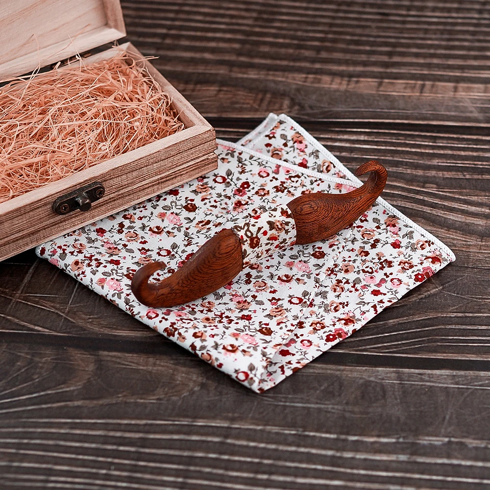 Mahoosive-pajarita de madera con diseño de bigote 3D para hombre, conjunto de pajarita cuadrada de bolsillo con patrón de flores Foral, regalo