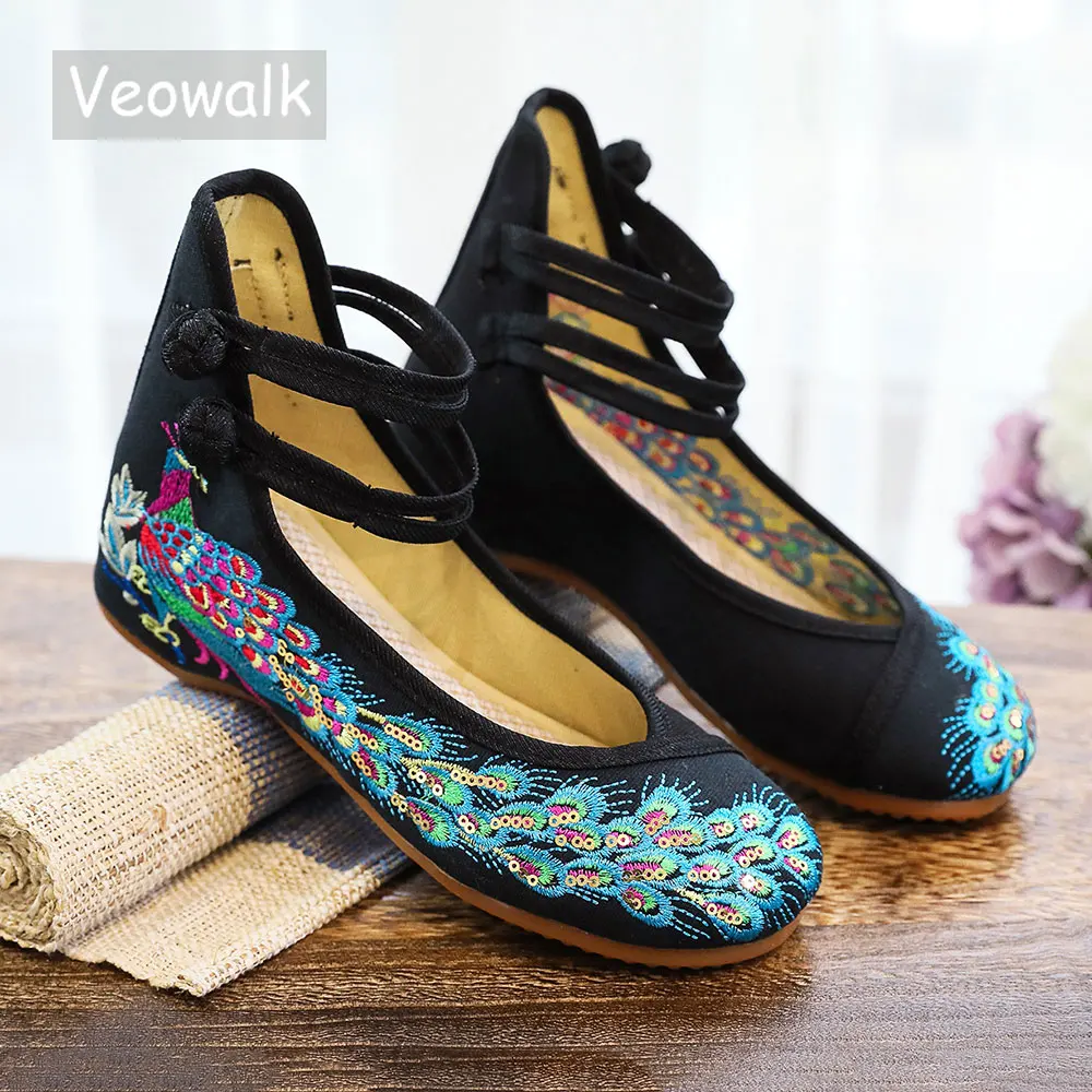 Veowalk Glitter Sequins Peacock Embroidery Women Canvas Ballet Flats Ladies Casual Walking Shoes Chinese Style Cotton Ballerinas