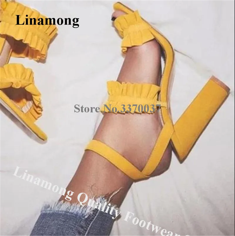 

Linamong Open Toe Charming Ruffles Chunky Heel Yellow Purple Suede Leather Thick High Heel Sandals Formal Dress Heels