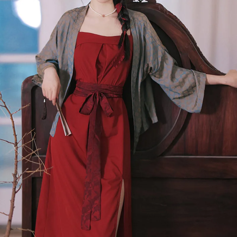 

Summer 2Pcs Chinese Traditional Dress Hanfu Vintage Kimono Cardigan Wine Red Thin Split Obi Sexy Elegant Asian Clothing Japanese