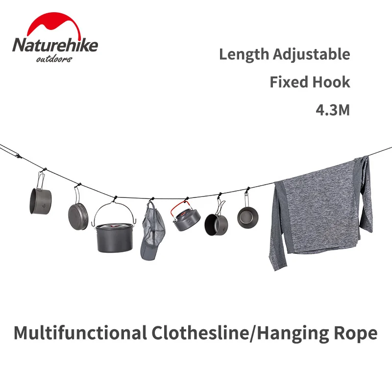 Naturehike 4.3m Hanging Rope Sling Multi-purpose Adjustable Clothesline Anti-skid Canopy Sling Camping Tools Hooks Awning Rope