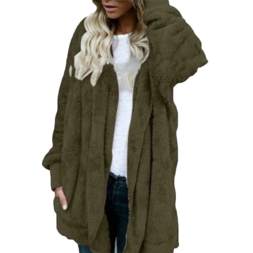 Loose Winter Women Solid Color Plush Faux Fur Warm Long Sleeve Hooded Female Jacket Midi Coat Cardigan 4 Colors