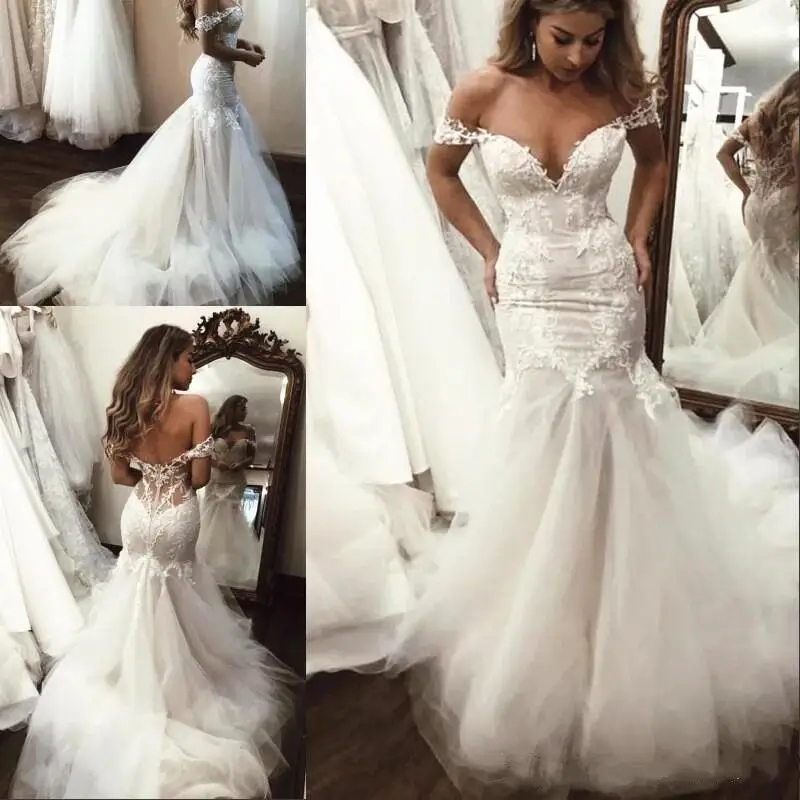 2022 sirena vestido de boda para las mujeres el hombro suave tul con encaje apliques vestido de novia con tren Sexy espalda abierta 5,0