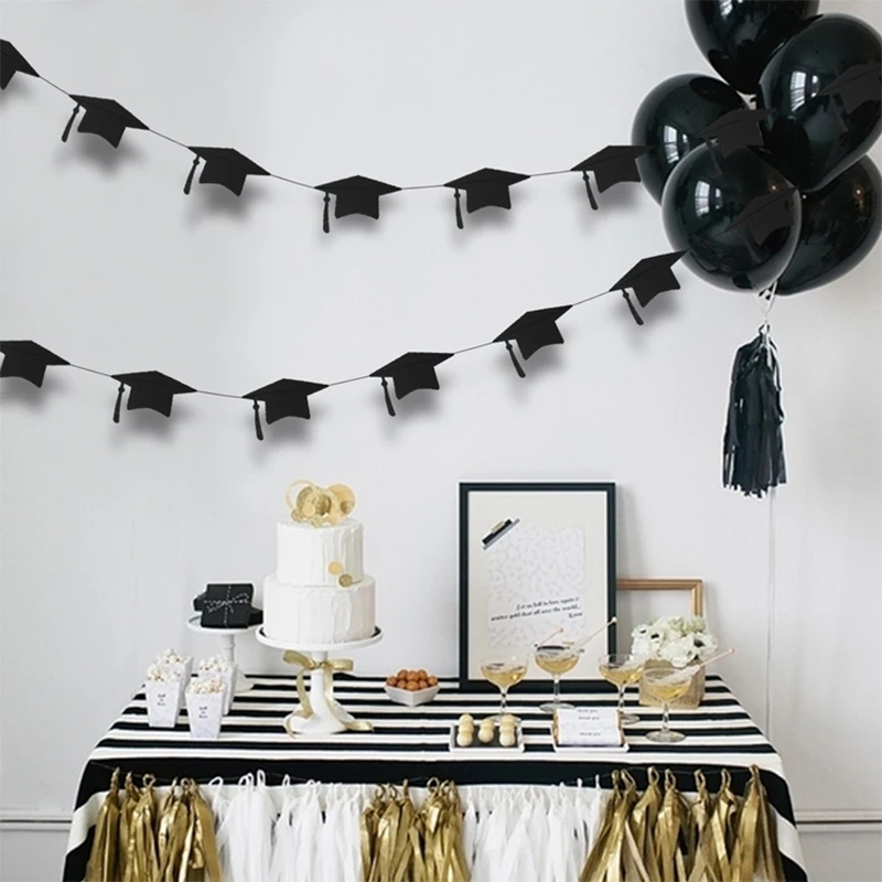 Black Gold Graduation Bachelor Hat Banner Paper Cap Garlands for School Celebrations 2024 Graduation Party Hanging Decorations