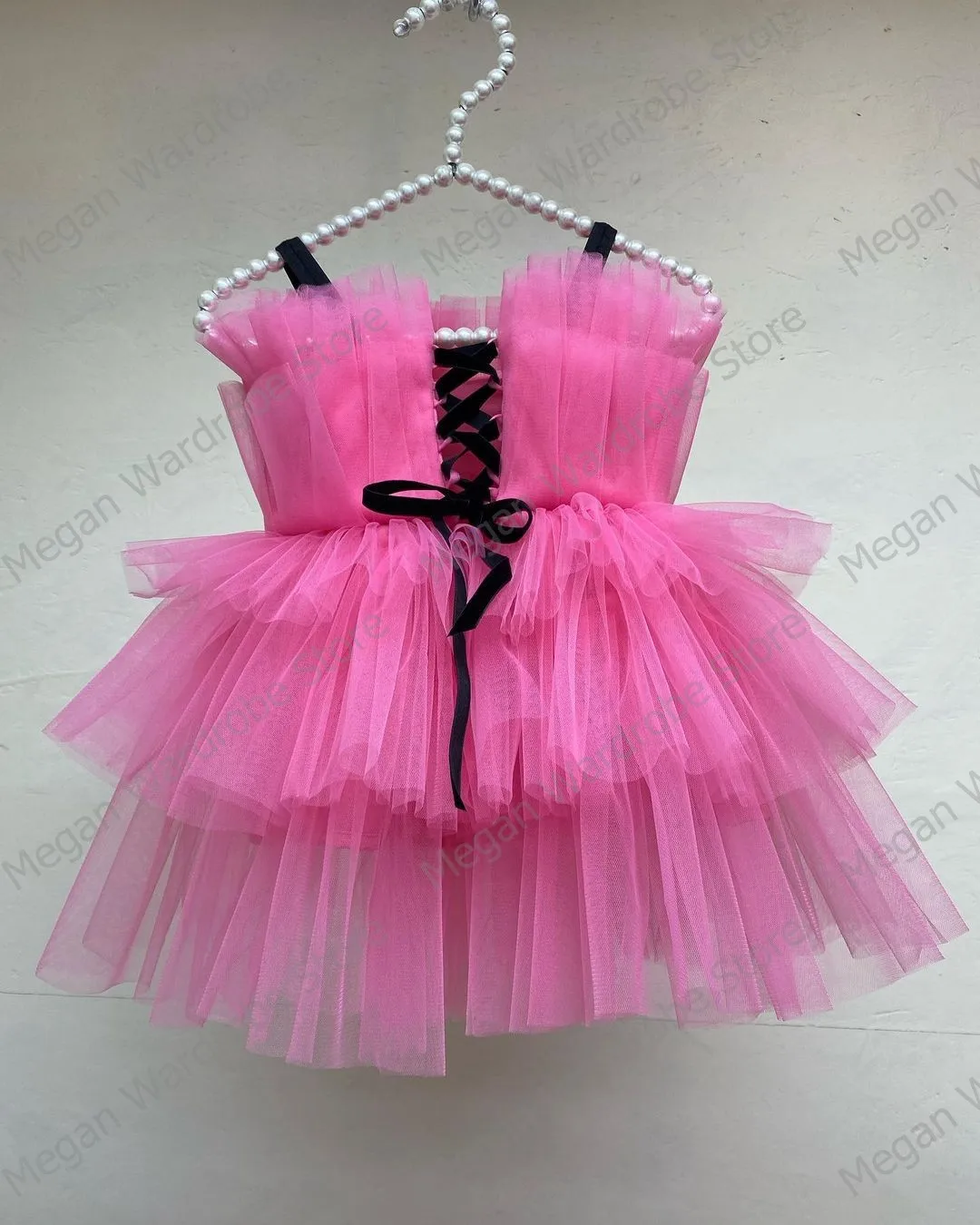 Hot Roze Tiered Verstoorde Hi Low Tulle Jurken Voor Moeder En Dochter Verjaardagsfeestje Slijtage Lace-Up Back Lange jurk Echte Beelden