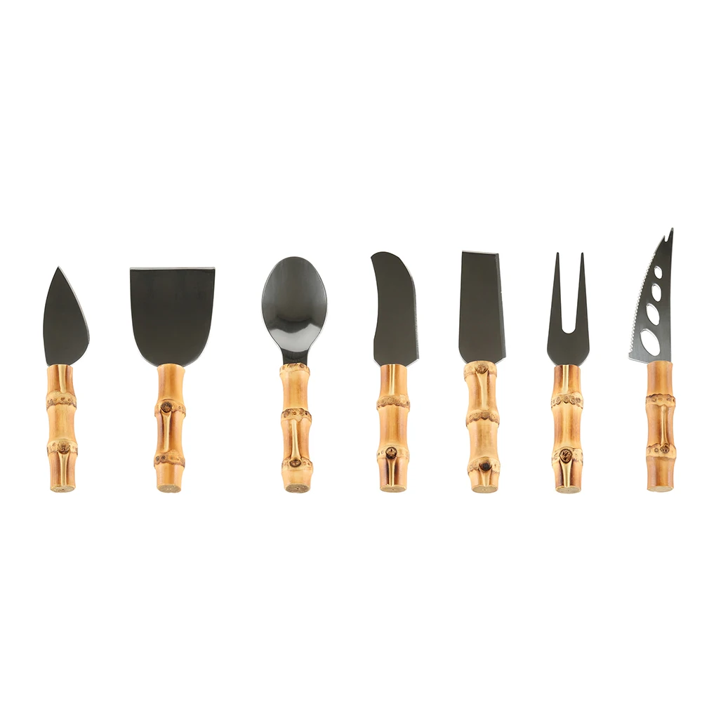 

Stainless Steel Bamboo Root Wood Fruit Fork Dessert Spoon Toast Pizza Cutter Cake Server Cream Butter Spreader Mini Cheese Knife
