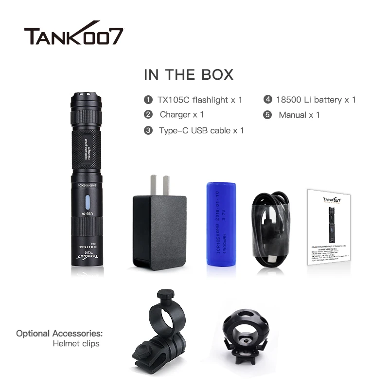 TANK007 Micro Explosion-proof Helmet Torch 350 Lumens High Power LED Flashlight Fireproof Torch Headlight Light USB C Charging