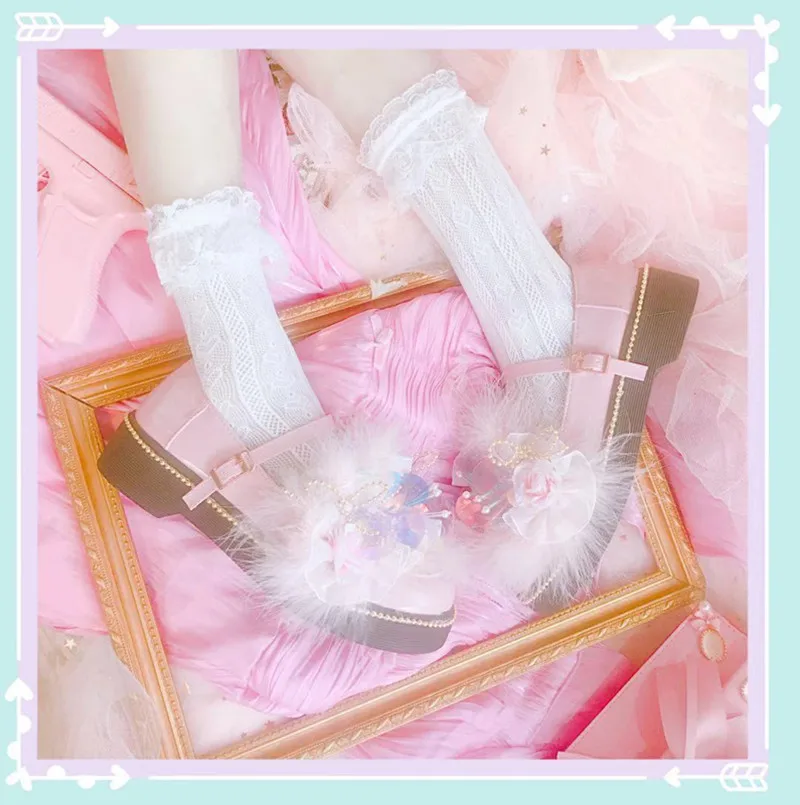 Sequins flowers feathers cute round head shoes Lolita ladies tea party loli shoes princess cos Lolita loli Victoria Kawaii