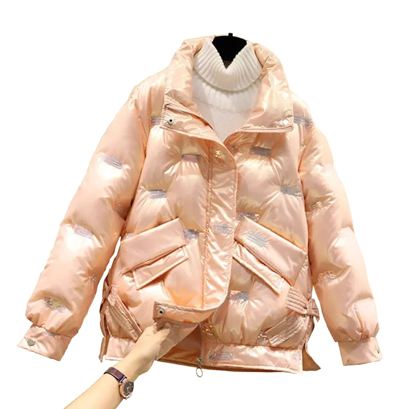 

2021 New Winter Puffer Jacket Women Fashion Sequins Casual embroidery Short Overcoat Female Down Cotton Padded Parkas Coat