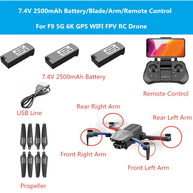 7.4V 2500MAH Battery Propeller Remote Controller USB For 4DRC F9 F-9 RC Drone F9 GPS Drone Accessories F9 Drone battery   Blades