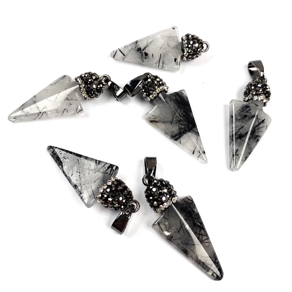 1PC Natural Stone Arrow Shape Black Rutilated Quartz Pendant Charms for Jewelry Making DIY Necklace Accessories Size 15x37mm