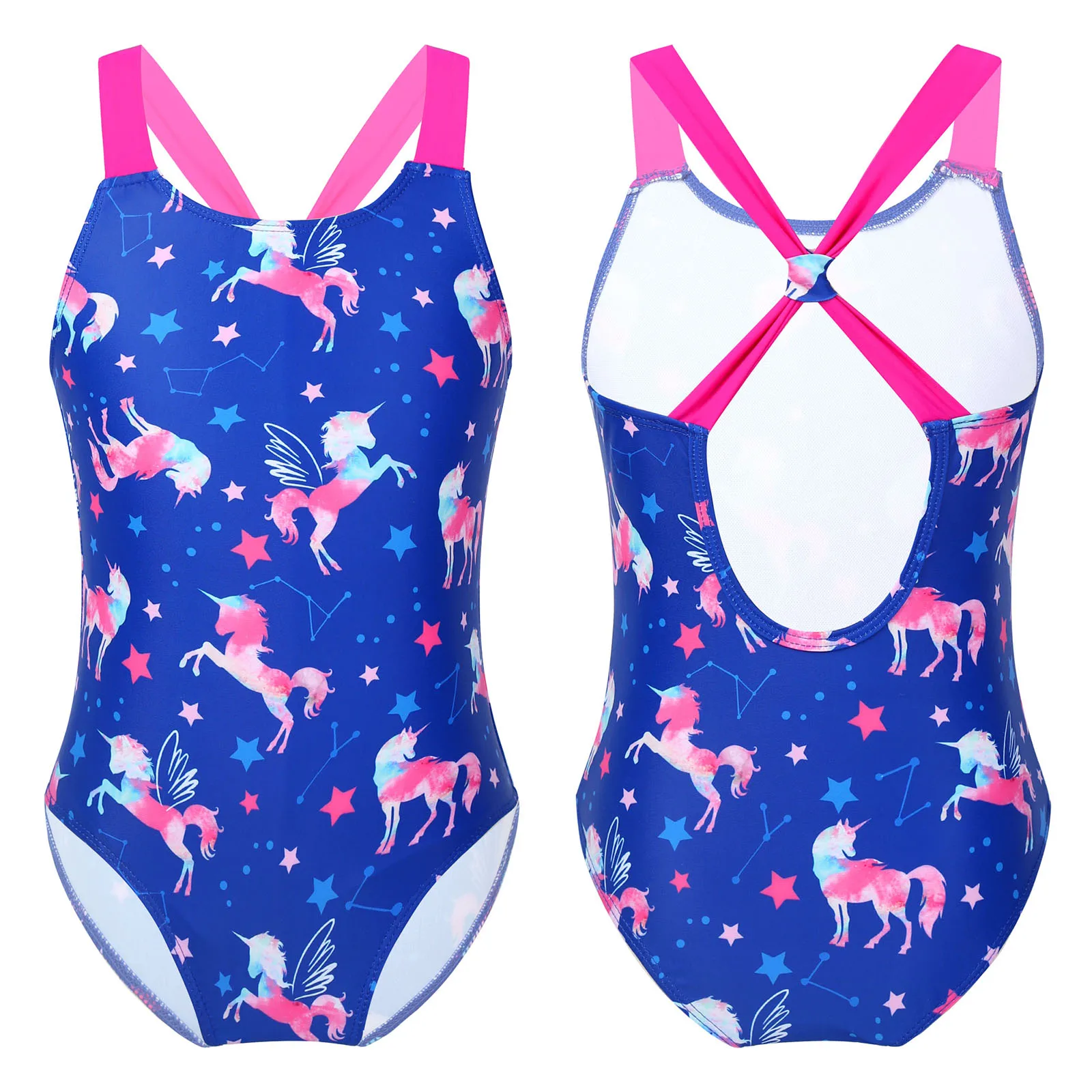 Girls Sleeveless Wide Shoulder Straps Sapphire One-Piece Swimsuit for Little Girls with Cartoon Printing Children Beach Swimwear