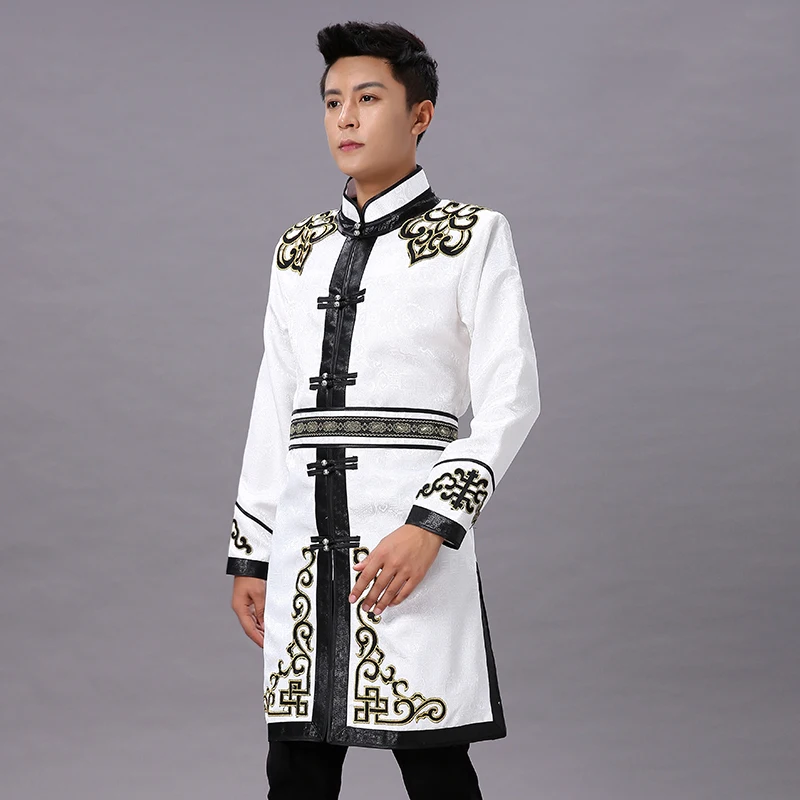 

Mongolian men's Costume white gown grassland living robe Adult stand collar tang suit top mongolia riding horse clothing