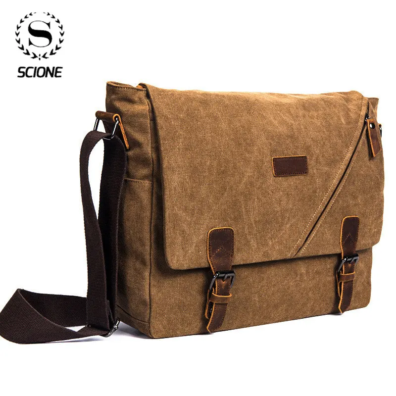 Scione Retro Canvas Multifunction Messenger Shoulder Bag Solid Briefcases Suitcase Card Pocket For Men Outdoor Office Bag